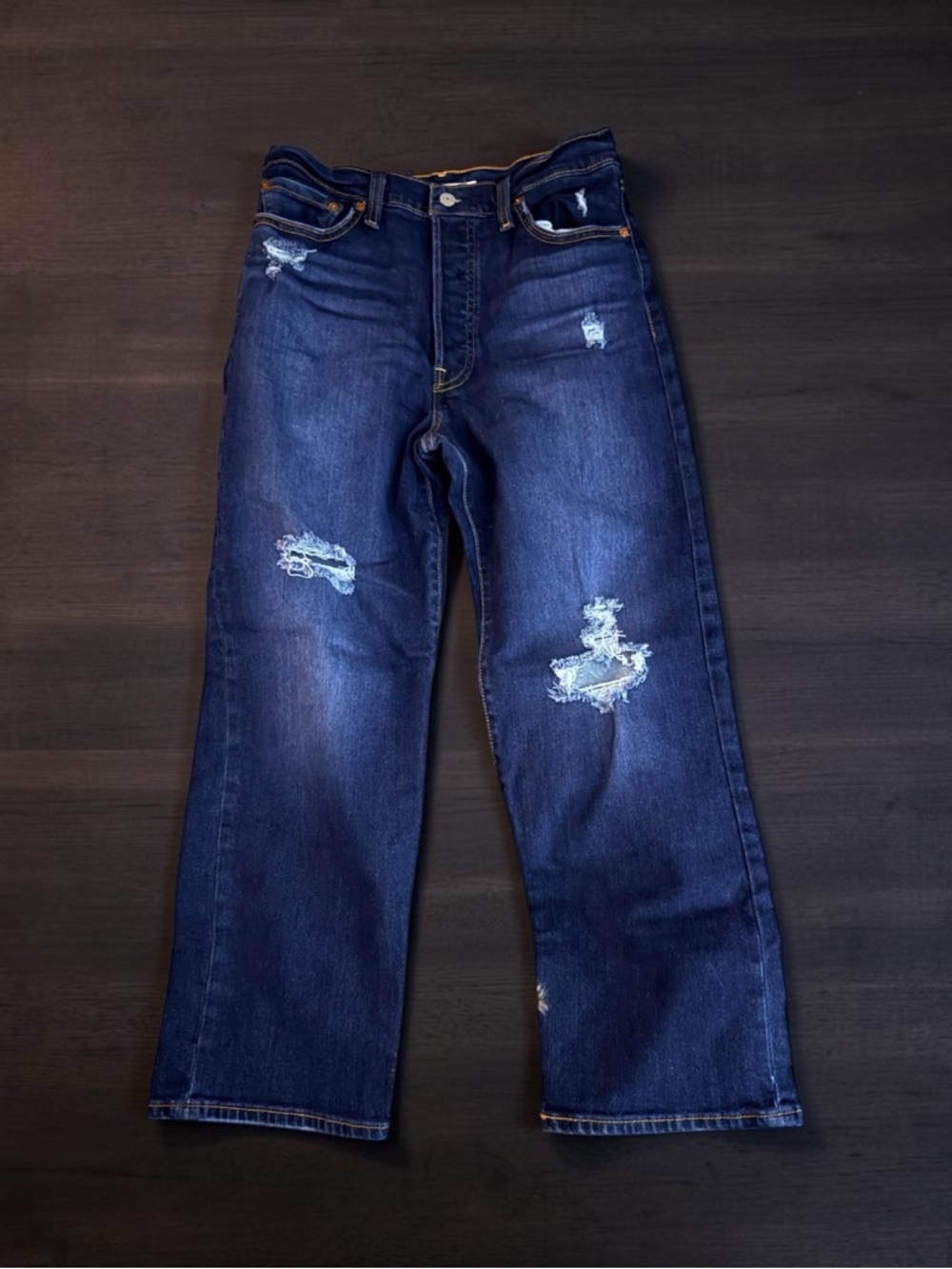 LEVI’S DARK WASH DISTRESSED STRAIGHT LEG RIBCAGE ANKLE JEANS ULTRA HIGH RISE 29